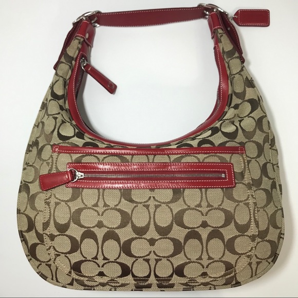 Coach | Bags | Signature Coach Red Leather Trim Shoulder Bag